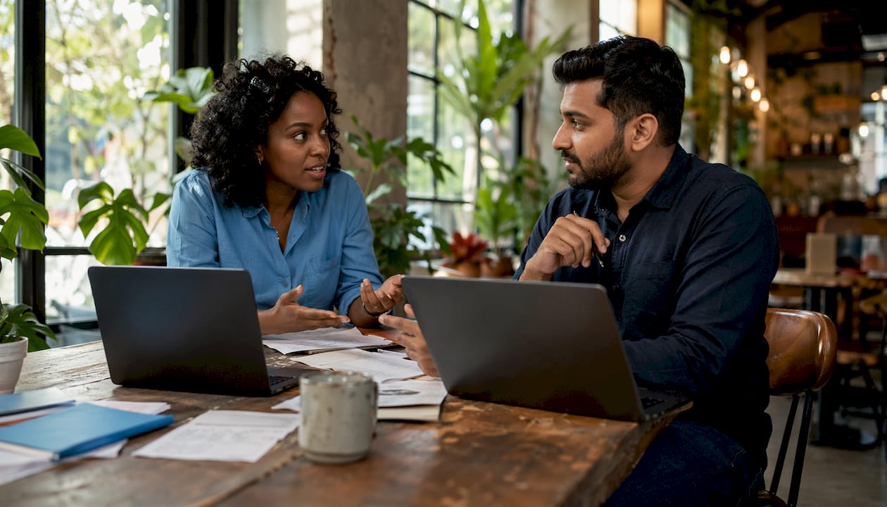 Small business owners discussing web design quotes
