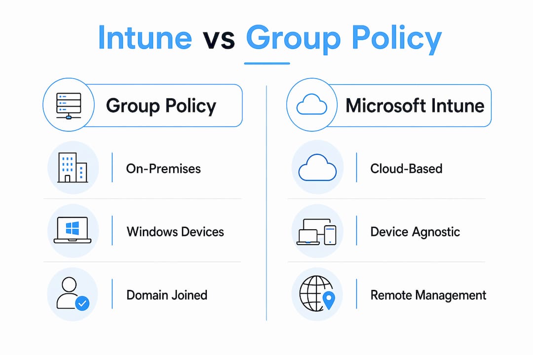 Infographic comparing Intune and Group Policy in hybrid setups