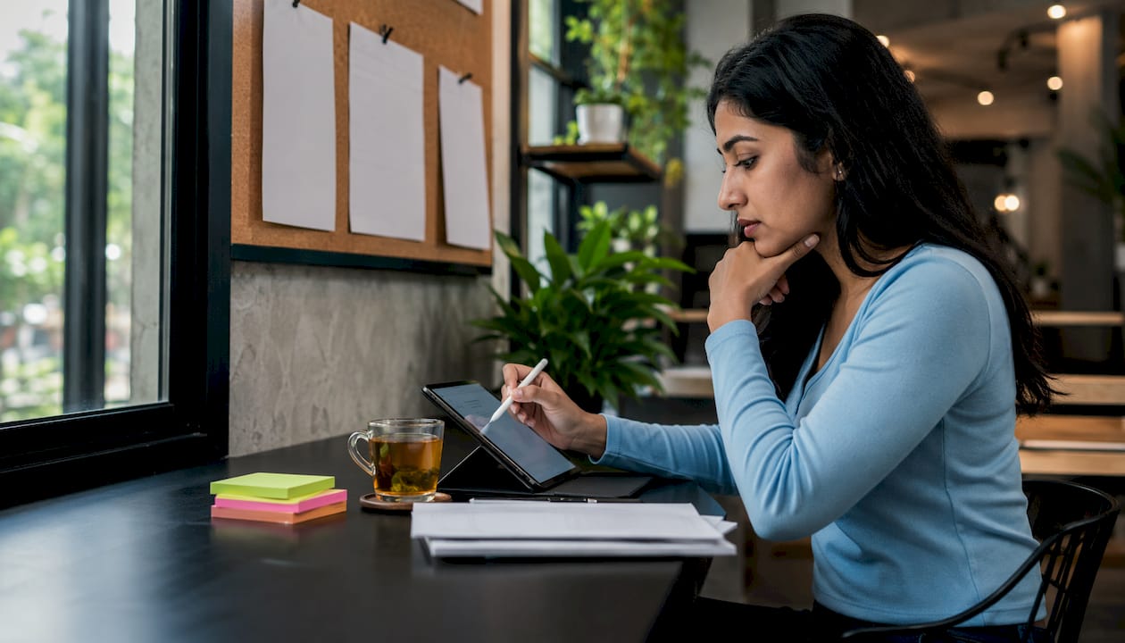 Woman reviewing HubSpot pricing plans on tablet