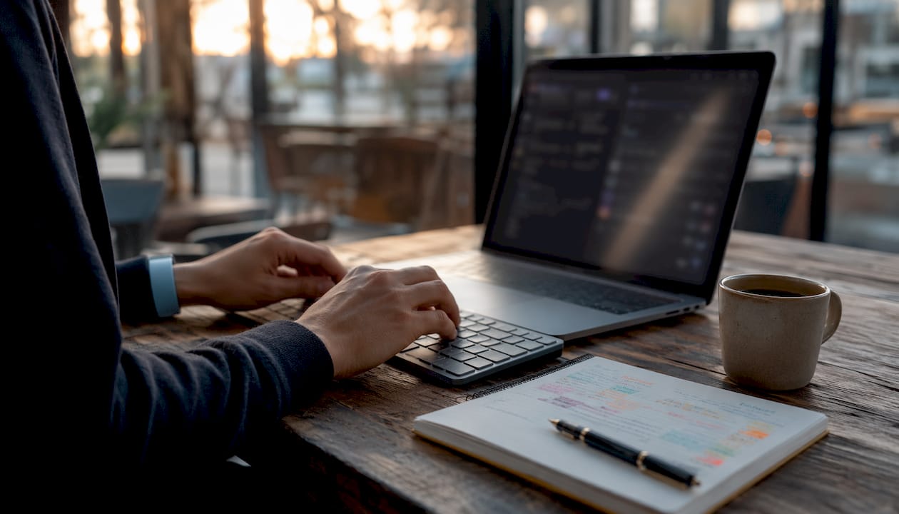 Hands typing at home office monitoring CRM