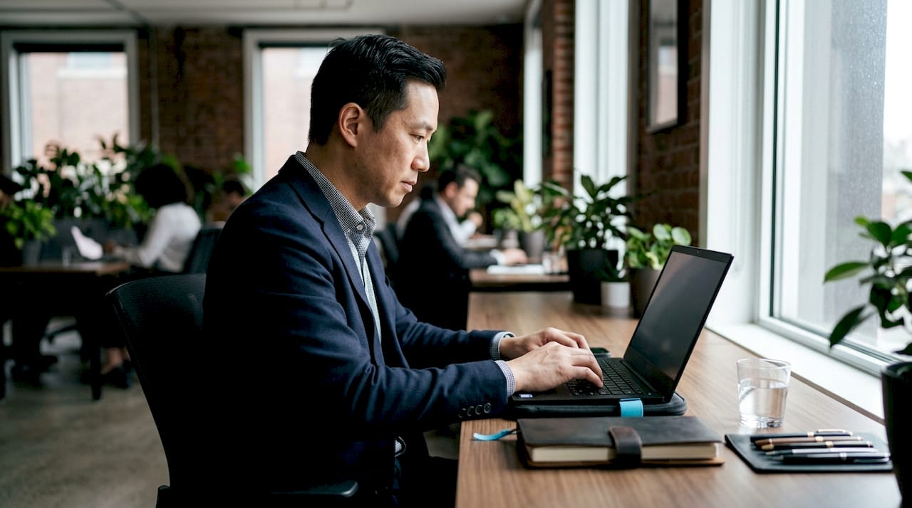 Hands typing on laptop in office setting