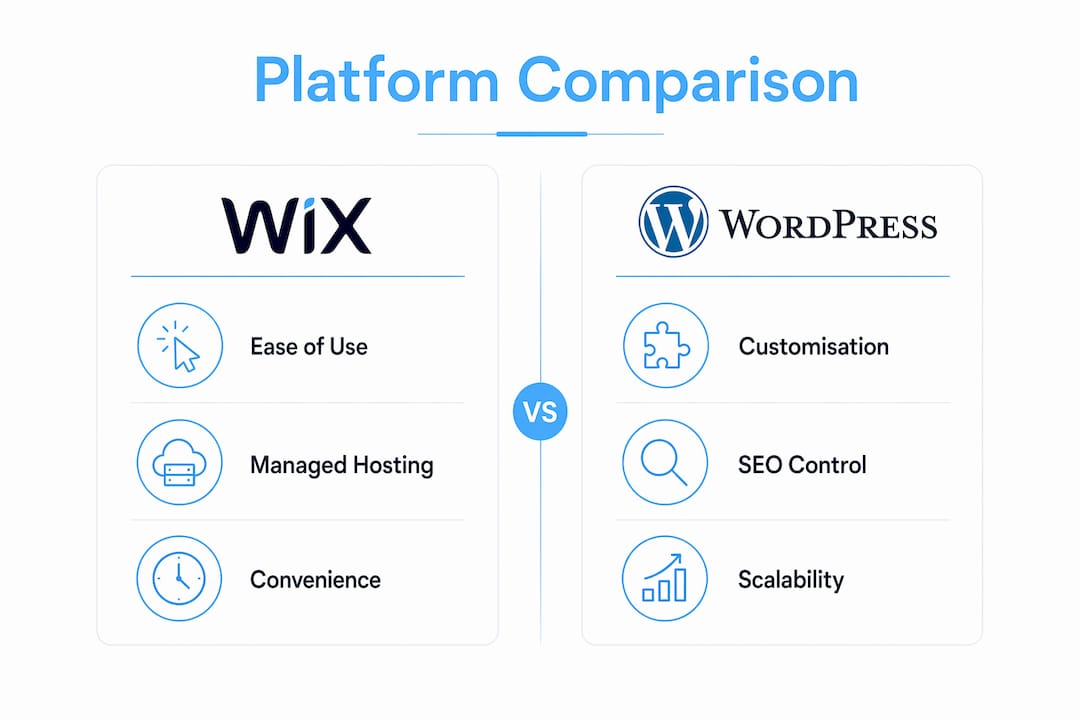 Infographic comparing features of WordPress and Wix platforms