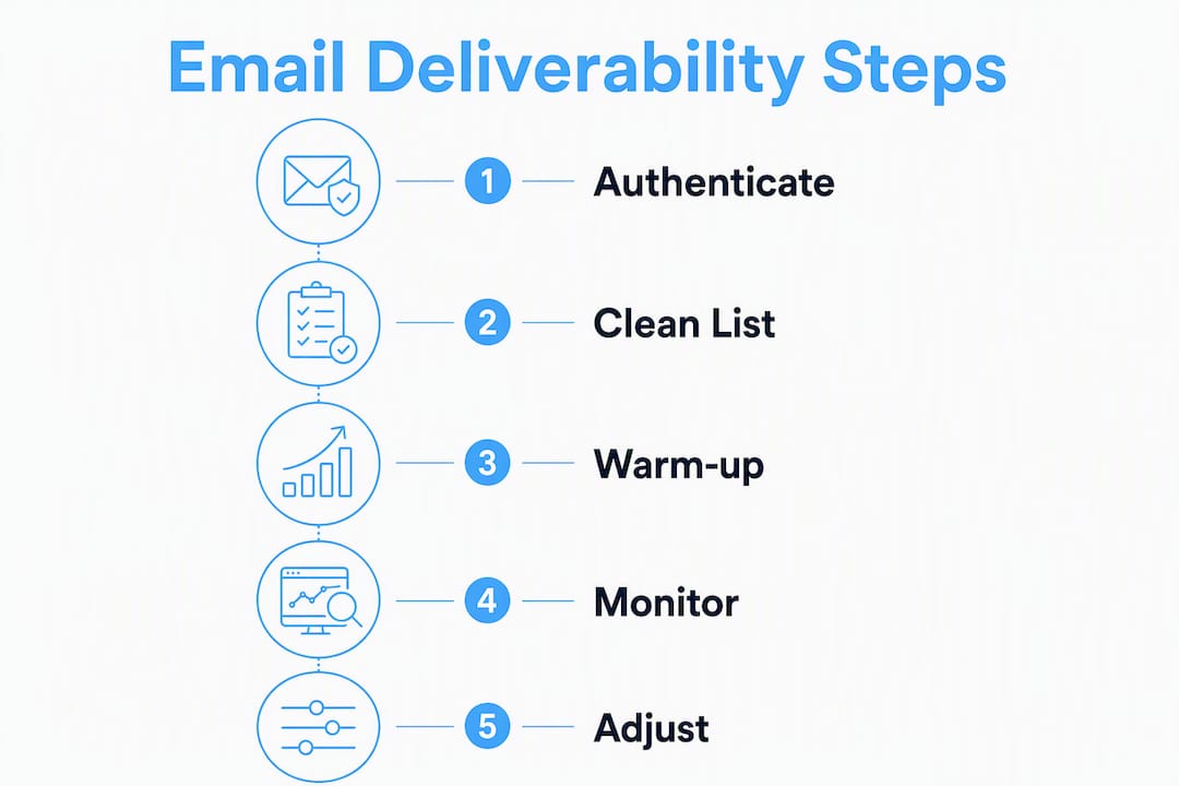 Infographic illustrating email deliverability process steps