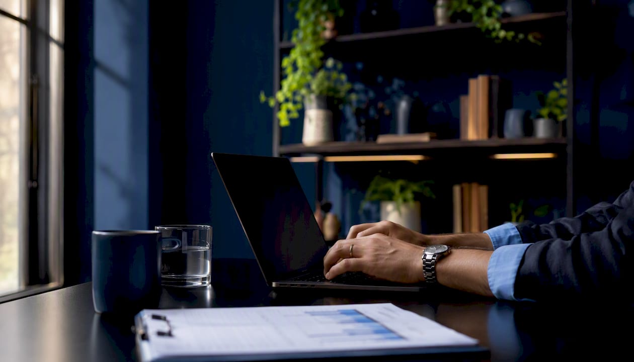 Hands typing next to email data notes on desk