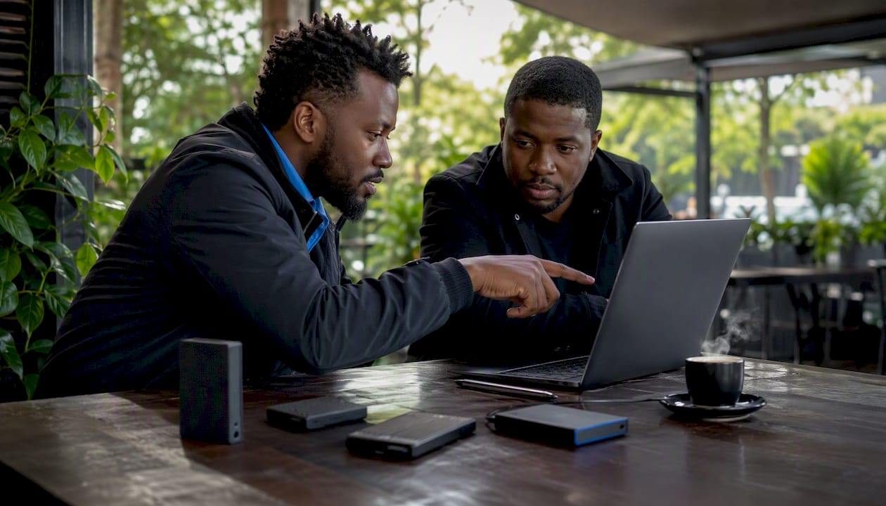 Two IT specialists discussing backup solutions