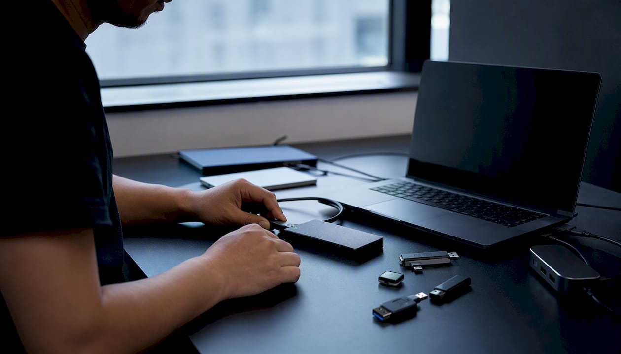 Hands plugging in storage device