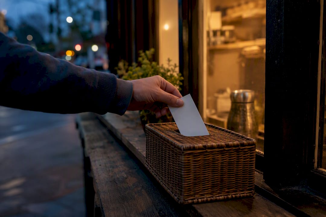 Hand placing feedback card in box at store