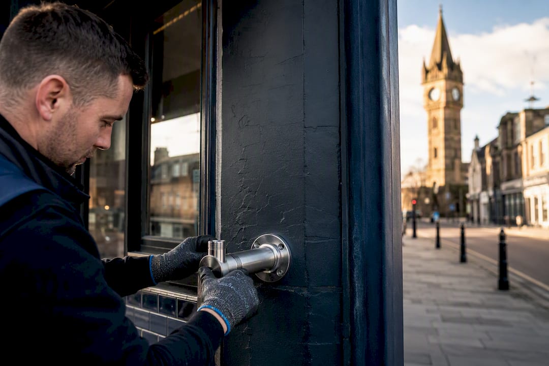 Technician repairing plumbing near local landmark