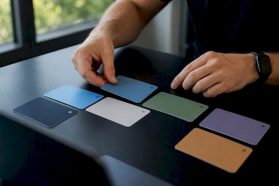 Hands arranging sales pipeline stage cards