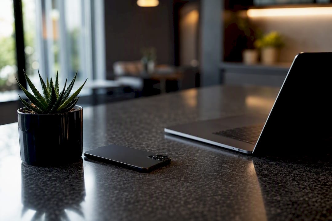 Digital agency desk with smartphone and laptop edge