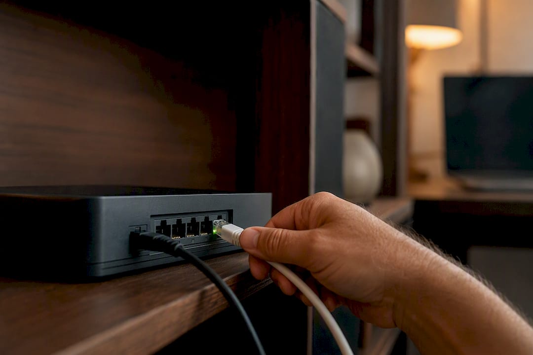 Hand connecting network cable to router port