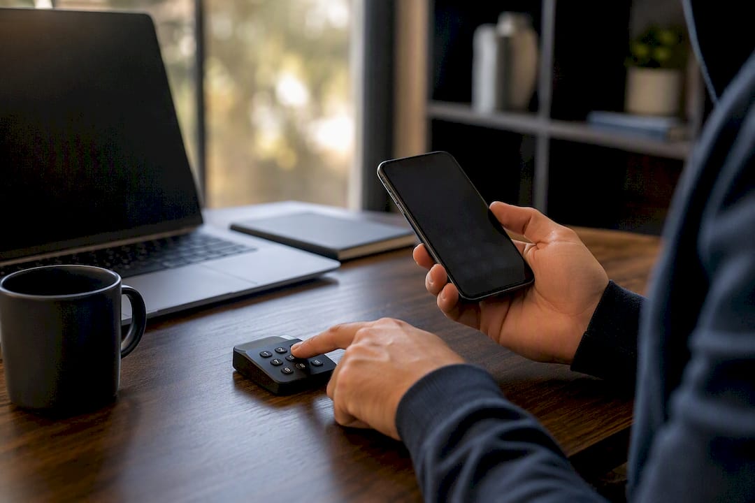 Hands using security token and smartphone