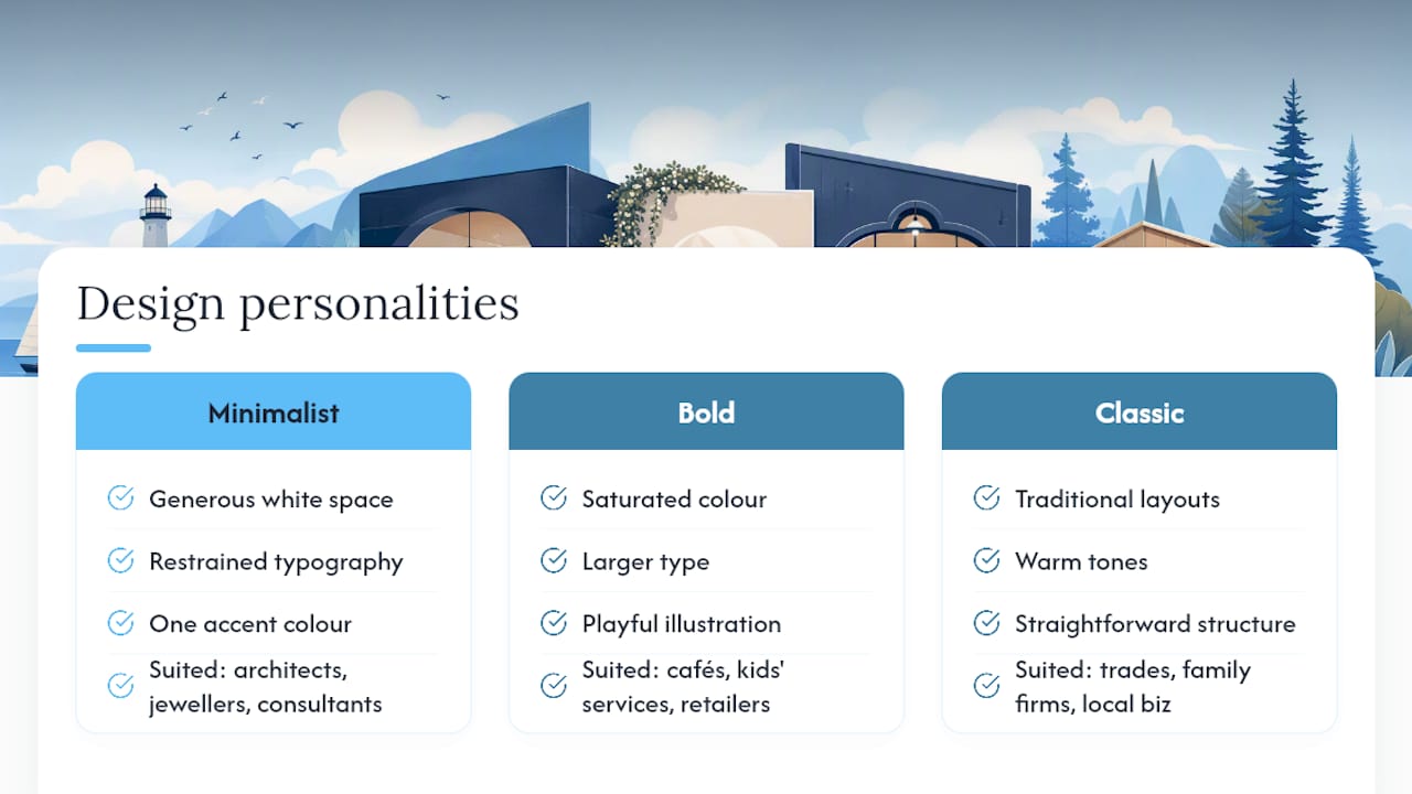 Design personality: minimalist, bold, or classic small business web design ideas — overview diagram