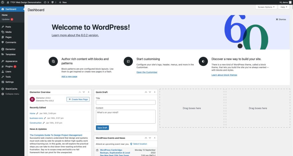 Wordpress admin dashboard