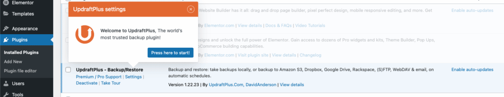Updraft Plus Plugin Activation