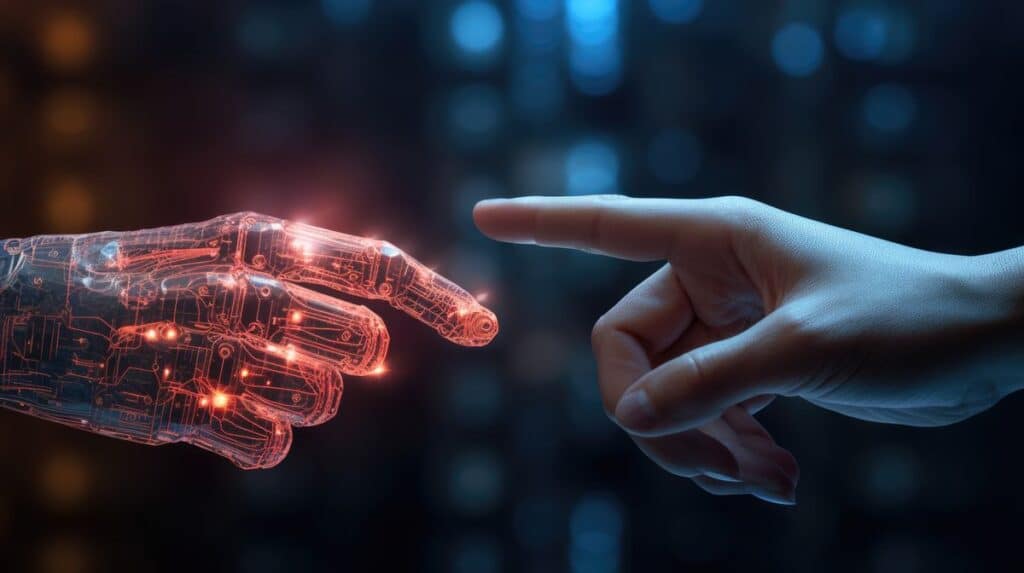 the human finger delicately touches the finger of a robot's metallic finger. concept of harmonious coexistence of humans and ai technology,