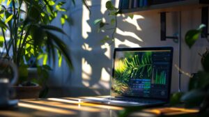 a serene workspace featuring a sleek laptop displaying a vibrant infographic on affordable managed hosting options, illuminated by soft, natural light filtering through a nearby window.