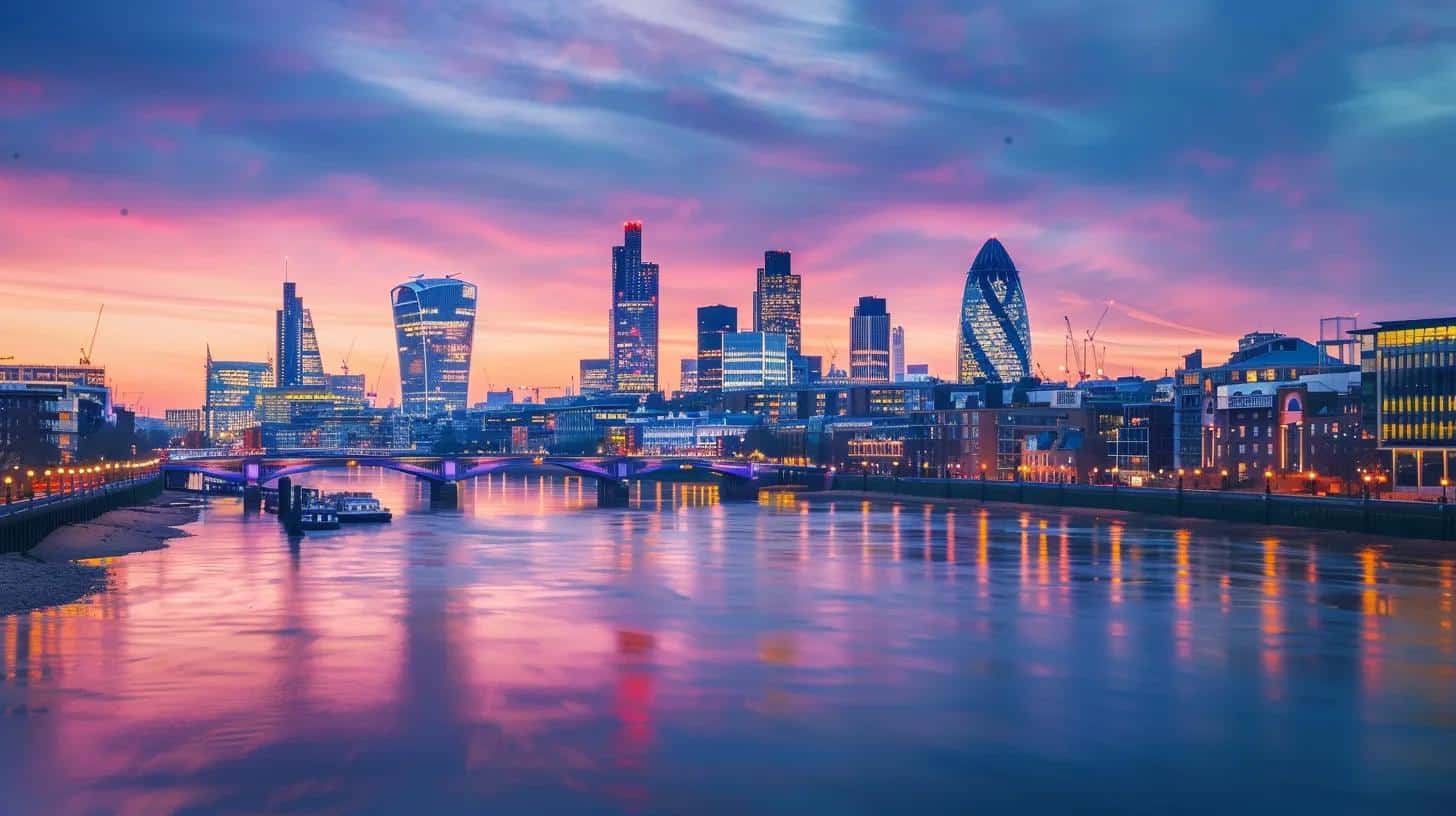 a dynamic cityscape at dusk, with a vibrant skyline reflecting off a river, symbolising the impact of efficient website hosting and performance optimisation in the digital age.