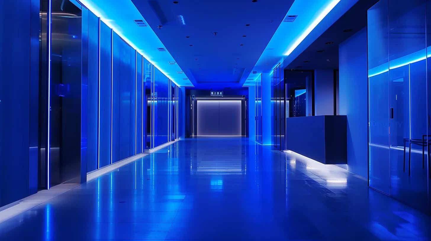 a sleek, modern server room bathed in soft blue lighting, showcasing a network of glowing servers effortlessly managing multiple web pages, symbolising the efficiency and speed of website caching.