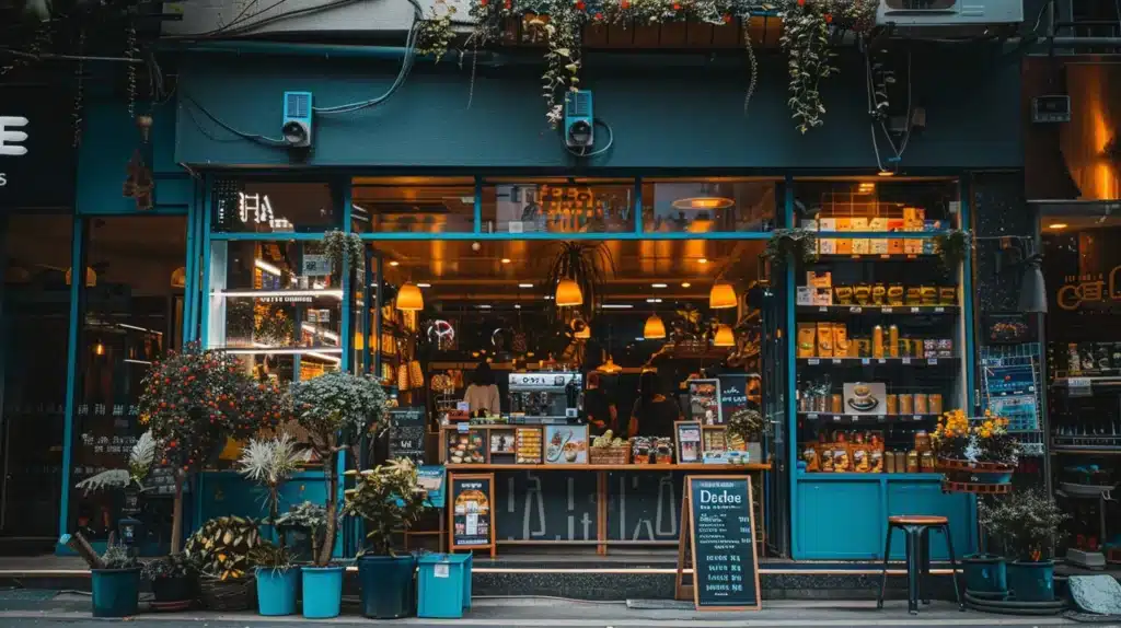 a vibrant and bustling small business storefront, filled with enthusiastic customers and bright, eye-catching signage, symbolizes the thriving success achieved through local marketing automation services.