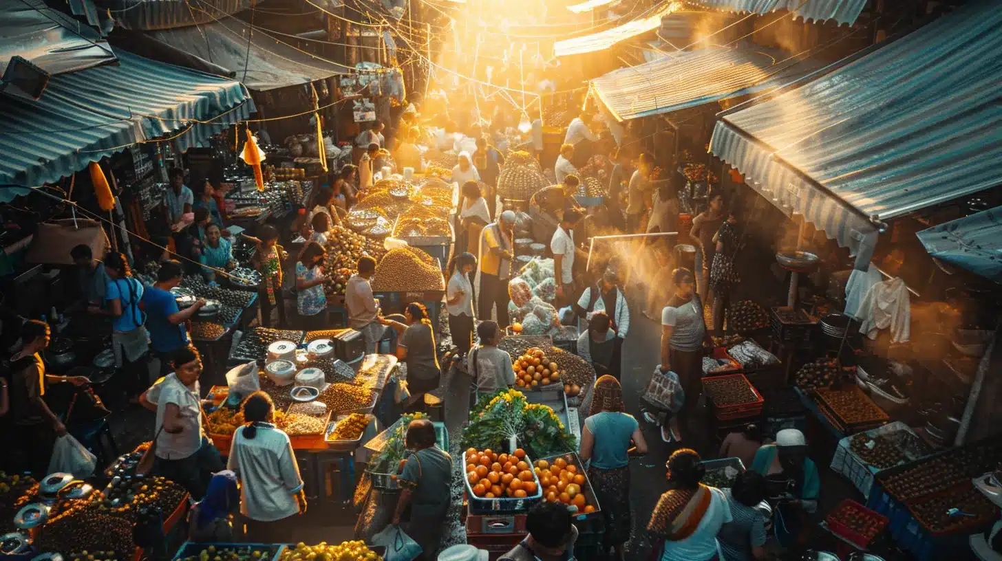 a vibrant, bustling local market scene, illuminated by warm, golden light, showcasing small businesses engaging with advanced digital marketing tools amidst colorful storefronts and enthusiastic customers.