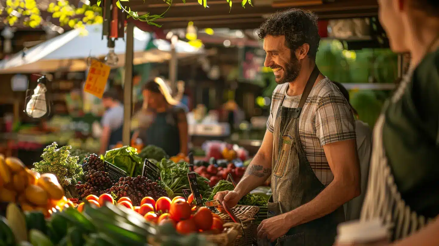 a vibrant, bustling local market scene showcases a small business thriving with excited customers interacting with engaging displays, radiant colors, and personalized marketing materials that emphasize community connections and brand awareness.