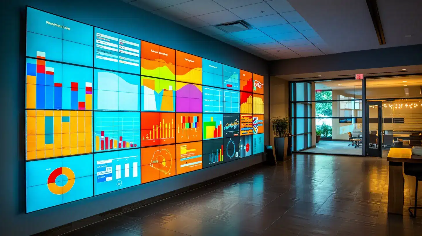 a vibrant digital marketing dashboard glows under soft ambient lighting, showcasing colorful graphs and metrics that illustrate the dynamic impact of local marketing automation strategies on business performance.