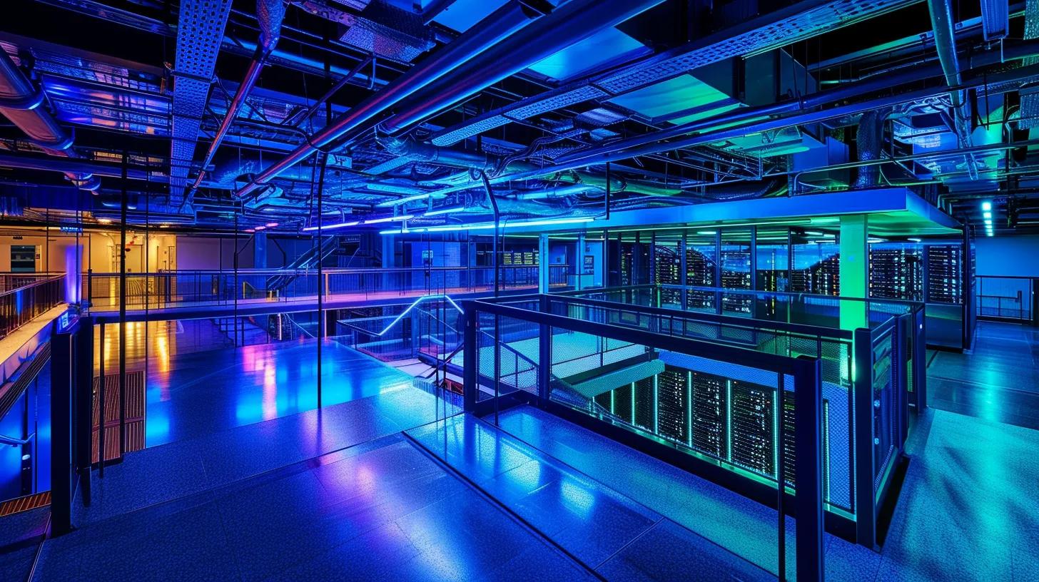 a vibrant, modern data centre illuminated by dynamic blue and green lights showcases a network of servers efficiently processing information, symbolising the transformative power of caching strategies in enhancing digital performance.