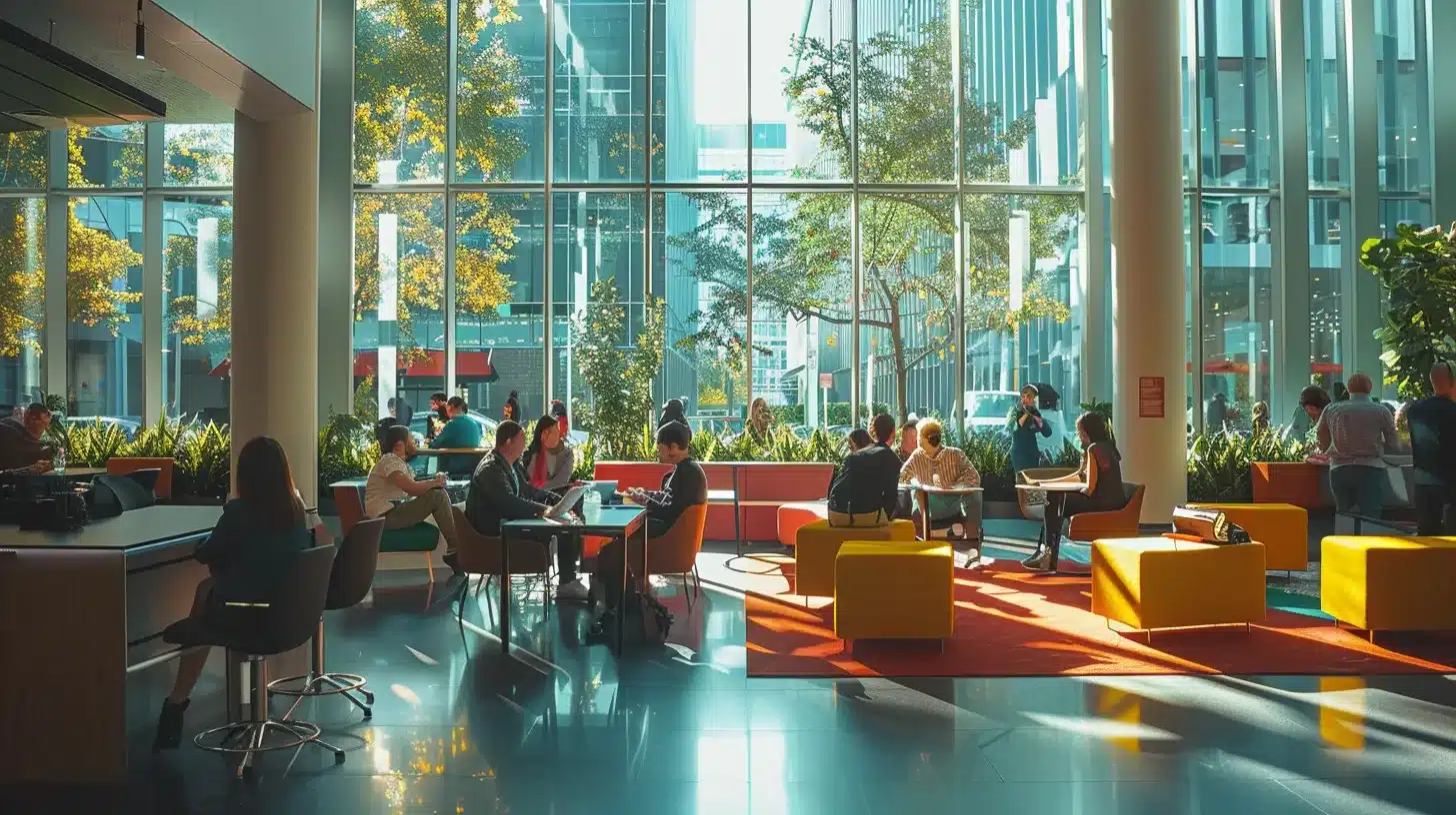 a vibrant, modern office space bustling with small business owners engaged in dynamic discussions, illuminated by soft natural light streaming through large windows, symbolizing the energy and innovation of local marketing automation services.