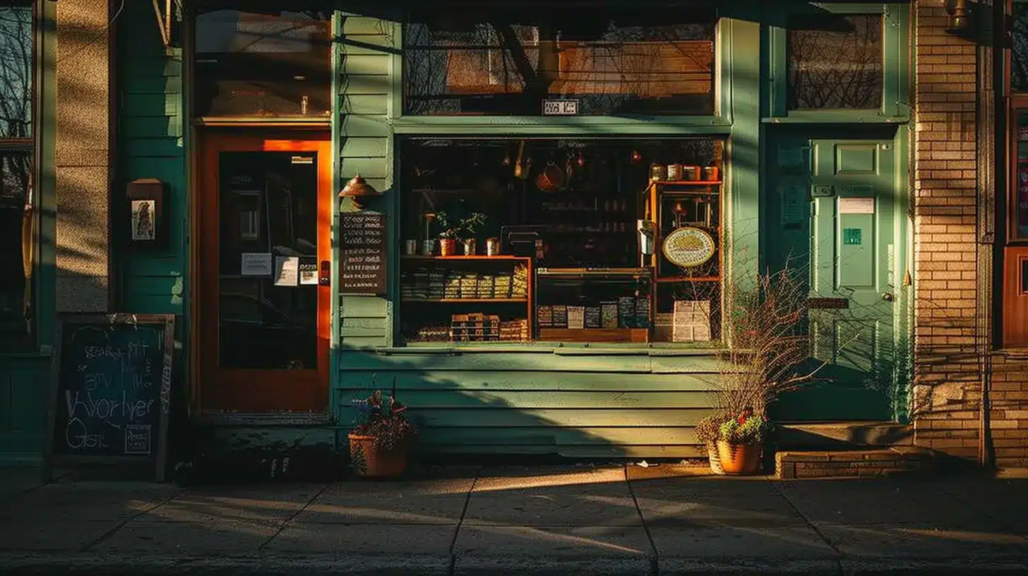 a vibrant storefront brimming with energy, showcasing a small business thriving through engaging local marketing strategies, illuminated by warm afternoon sunlight that invites passersby to explore.