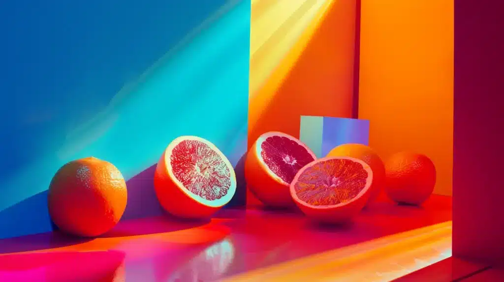 a dynamic, vibrant composition showcasing an array of bold colours transitioning from warm reds and oranges to calming blues, symbolising the emotional influence of colour on consumer behaviour in a digital landscape.