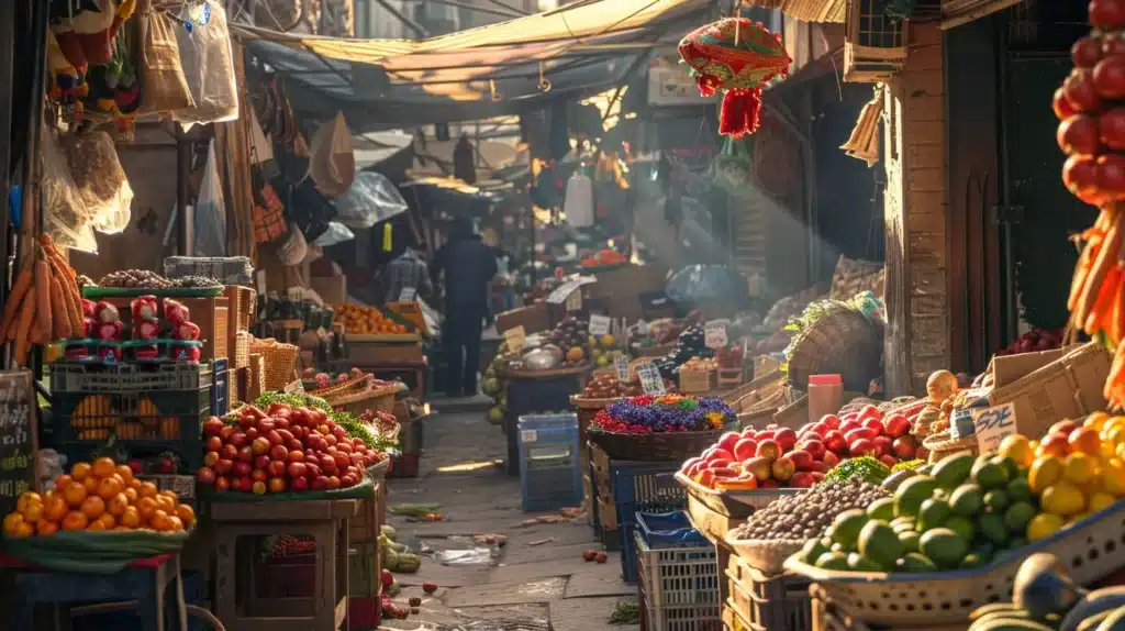 a vibrant market scene showcasing diverse cultural displays of colour, with red highlighting festive decorations, green accentuating fresh produce, and clean white settings symbolising purity, all illuminated by warm, soft sunlight to evoke a sense of lively engagement.