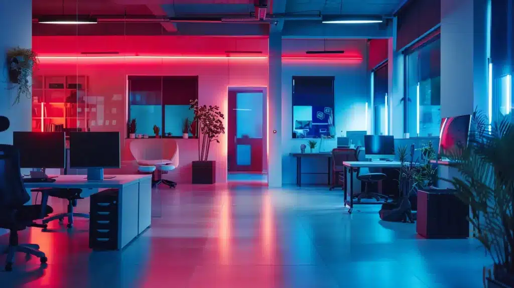 a vibrant, modern digital workspace filled with a harmonious blend of calming blues and stimulating reds, symbolising the psychological impact of colour on user engagement and conversion rates, under soft, diffused lighting that enhances clarity and focus.