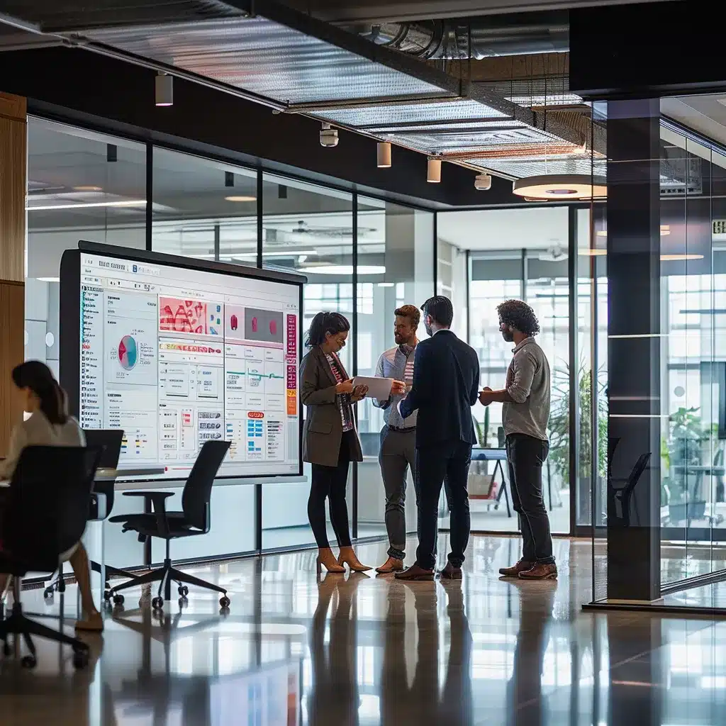 a sleek, modern office environment showcases a vibrant digital display board featuring various wordpress payment gateway options, surrounded by engaged professionals discussing e-commerce strategies.