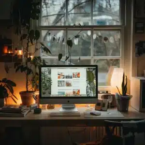 a modern workspace featuring a sleek computer screen displaying an intuitive wordpress interface, surrounded by minimalist decor and soft ambient lighting, capturing the essence of setting up an online shop.