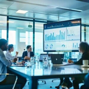 a focused office scene captures a diverse group of professionals engaged in an animated discussion around a sleek conference table, with a large screen displaying wordpress statistics and a breakdown of custom service rates prominently in the background.