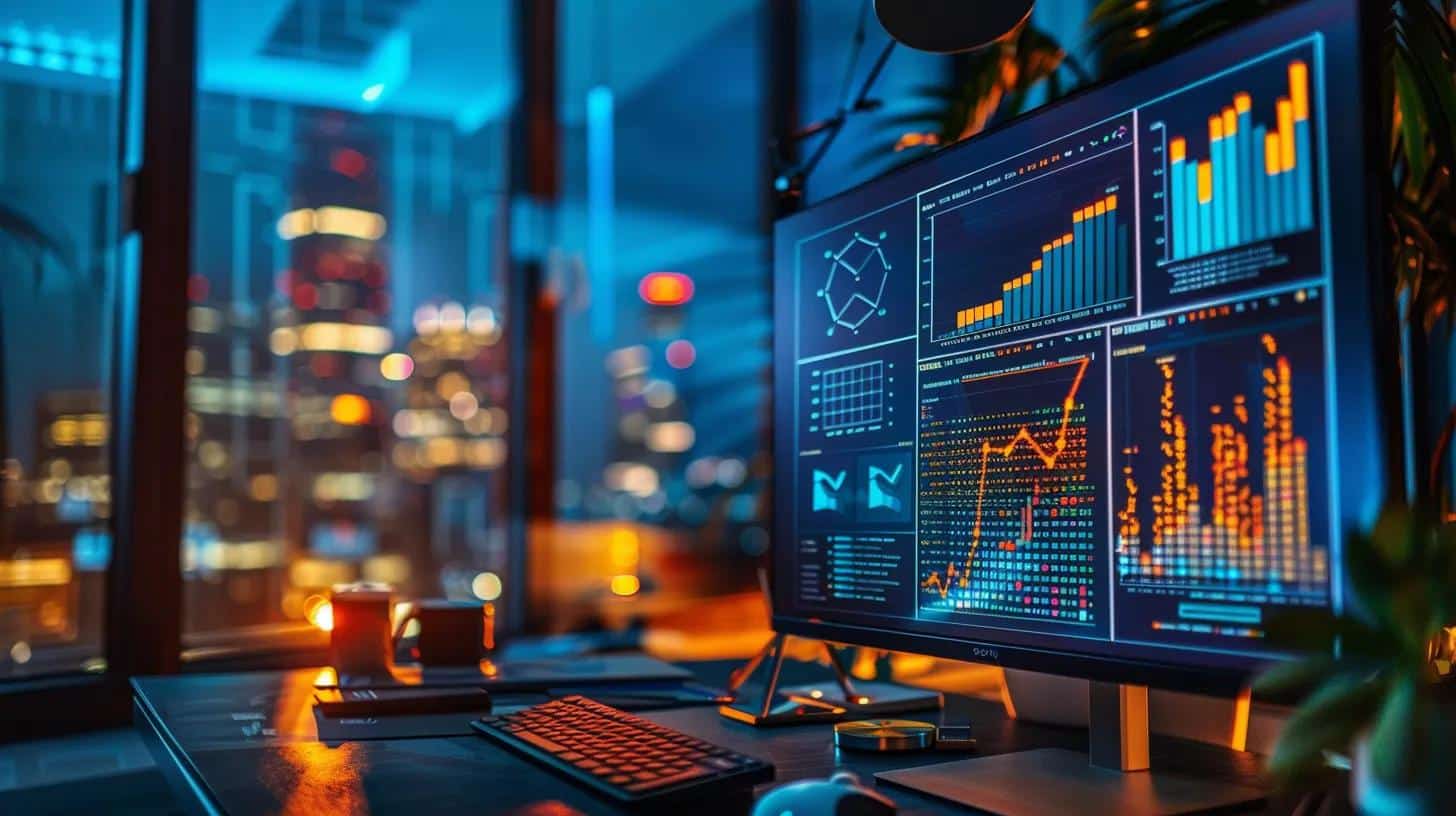 a sleek, modern office desk is illuminated by ambient lighting, showcasing a high-resolution computer screen displaying an intricate schema markup diagram, symbolising a commitment to sustained success through structured data optimisation.