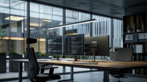 a sleek, modern office desk with dual monitors displaying schema markup code, illuminated by focused task lighting, conveys a sense of innovation and success in optimising wordpress for enhanced visibility.