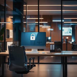 a sleek, modern office with a large monitor displaying a lock icon and ssl certificate visibly highlighted, illuminated by cool artificial lighting that emphasizes a sense of digital security and professionalism.