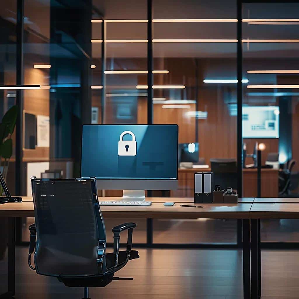 a sleek, modern office with a large monitor displaying a lock icon and ssl certificate visibly highlighted, illuminated by cool artificial lighting that emphasizes a sense of digital security and professionalism.