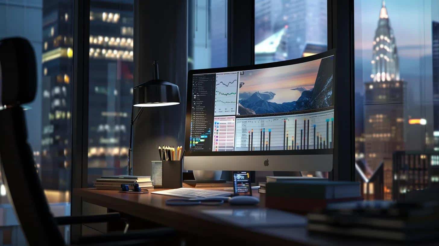 a sleek, modern office workspace showcases a high-tech computer screen displaying vibrant schema markup diagrams, with a professional individual engaging with data analytics on customising search snippets for enhanced seo visibility.