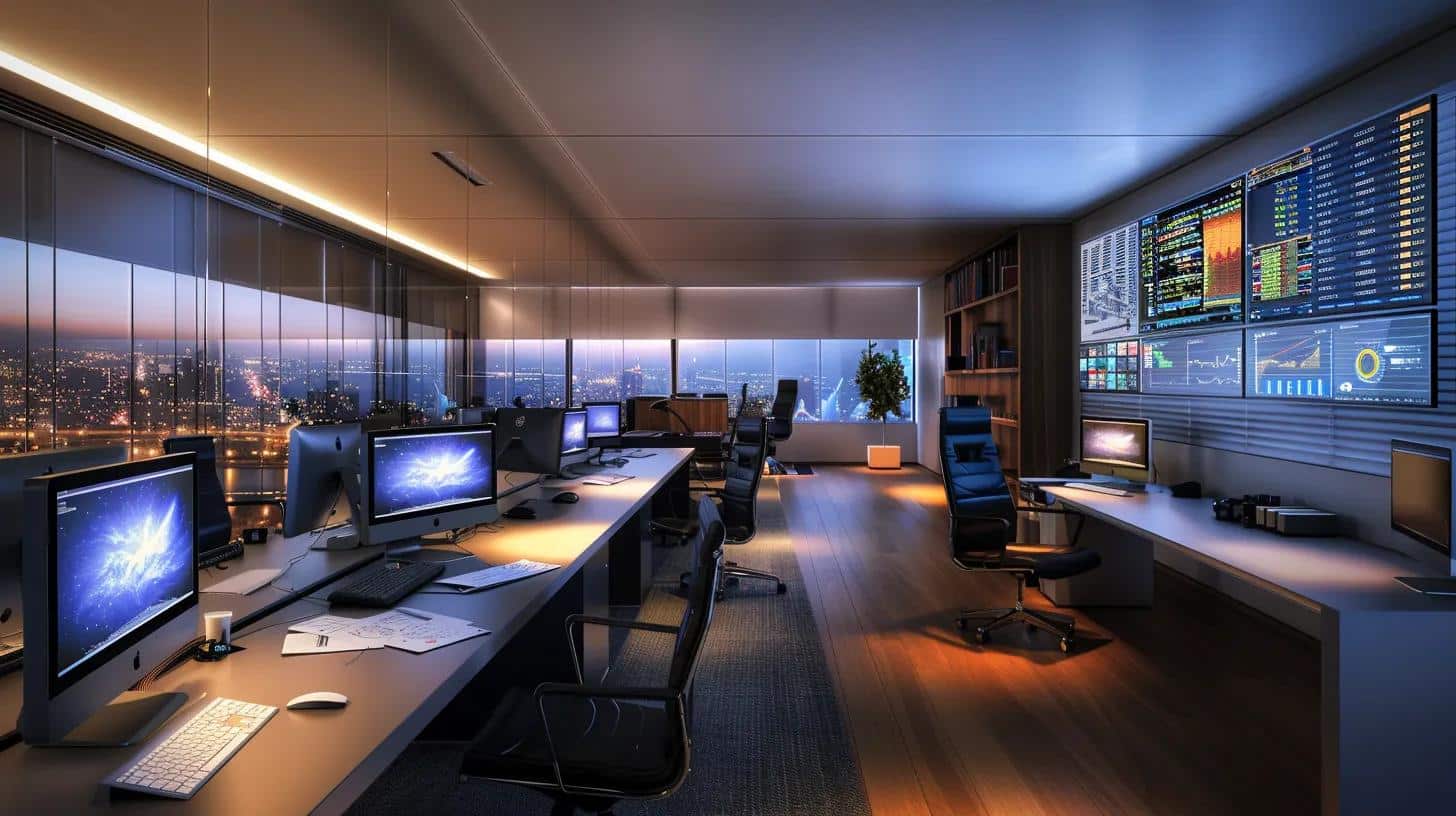 a sleek, modern office workspace features multiple computer screens displaying vibrant graphs and analytics dashboards, illuminated by soft ambient lighting, capturing the essence of monitoring schema markup effectiveness in digital marketing.