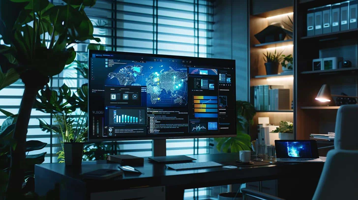 a sleek, modern office workspace showcases a large computer screen displaying a vibrant and engaging interface of a wordpress plugin for schema markup, surrounded by notes and coding references that highlight a blend of technology and creativity.