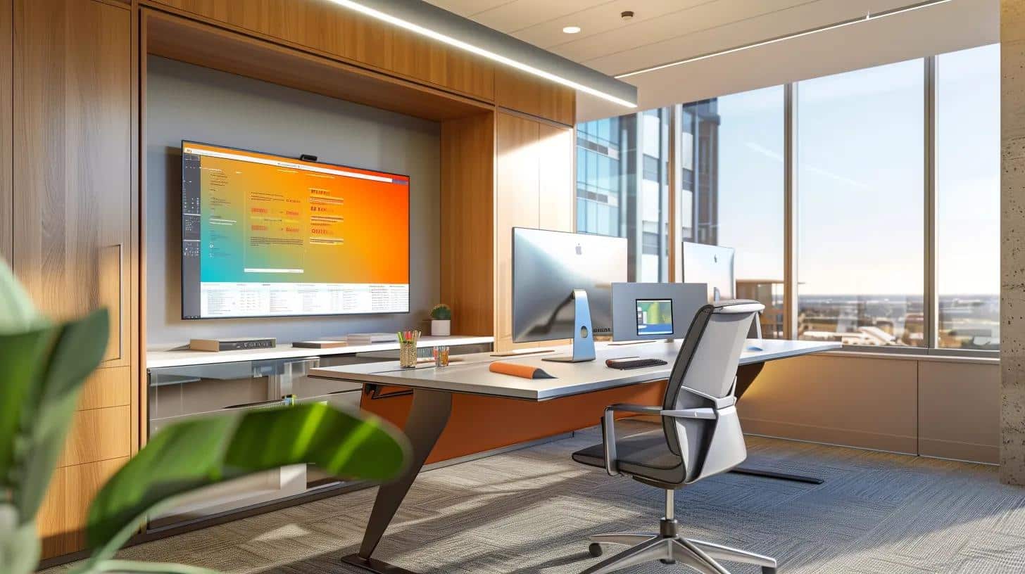 a sleek, modern office workspace features a large monitor displaying a vibrant interface of schema markup codes and structured data visuals, illuminated by soft artificial lighting that enhances the professional atmosphere.