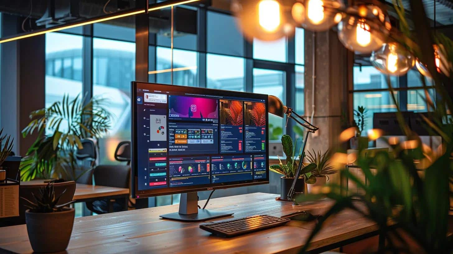 a striking office setting features a large computer screen displaying vibrant rich snippets from a wordpress site, bathed in dynamic artificial lighting that highlights the organised schema markup, reflecting a modern and efficient digital marketing environment.