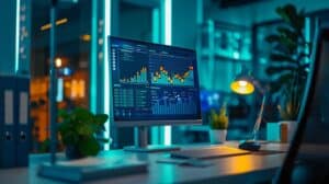 a sleek, modern office workspace features a large digital screen displaying vibrant graphs and analytics, symbolising the precision and strategy involved in executing successful seo migrations.