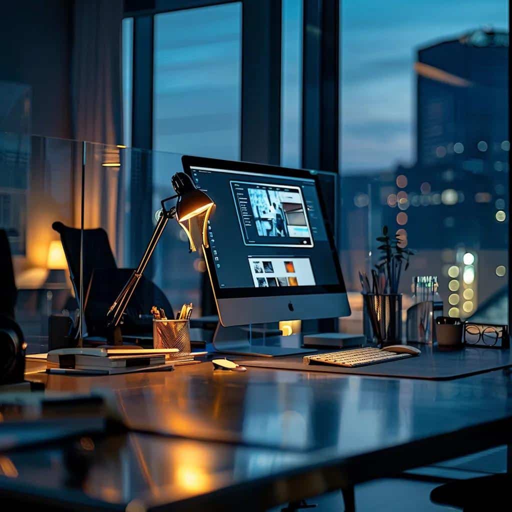 a sleek, modern office setting features a polished desk with a glowing computer screen displaying a visually engaging website, emphasizing the striking impact of a strong domain name on brand success.