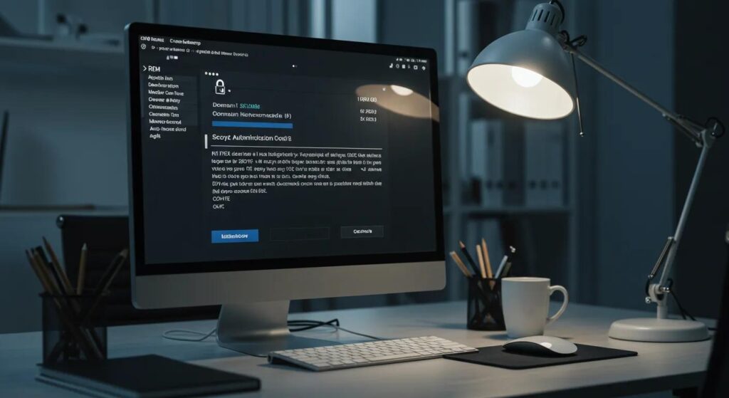 Modern workspace showing a secure domain transfer interface on a screen, highlights the importance of the authorisation (EPP) code.