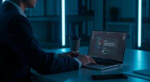 a sleek, modern office environment with a confident professional sitting at a desk, focused on a laptop screen displaying a clear step-by-step interface for transferring a domain, illuminated by vibrant artificial lighting that enhances the tech-savvy atmosphere.