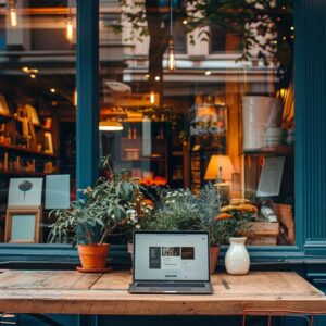 Local business storefront with a laptop displaying a well-designed website, emphasizing brand identity